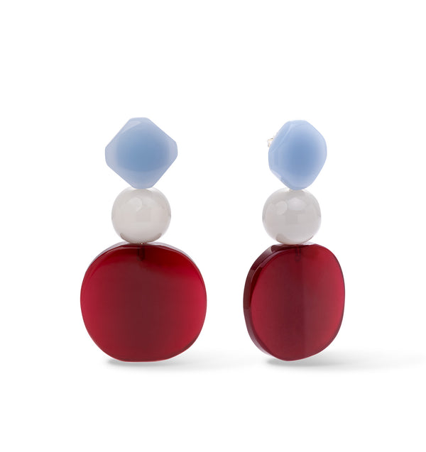 Długie kolorowe kolczyki geometryczne z żywicy - biały, czerwony i niebieski element