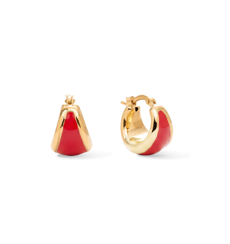 Small gold-plated oval earrings with red enamel